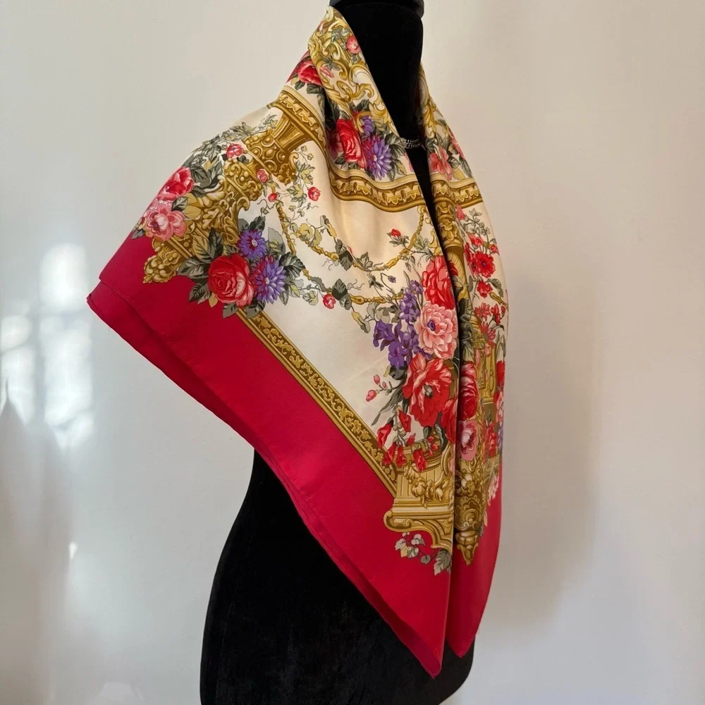 Trussardi Red and Gold Ornate Floral Scarf
